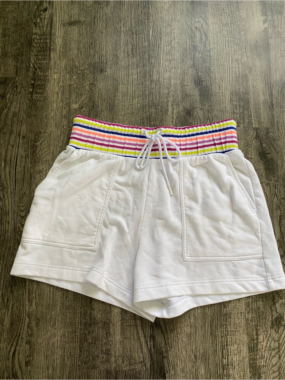 Lou & Grey Women's M White Sweat Shorts Rainbow Striped Waistband Drawstring